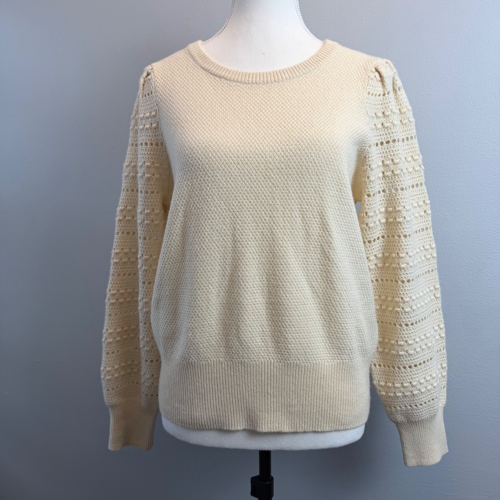 Madewell Pointelle Med Puff Sleeve Sweater Cream Merino Wool Feminine Cottage